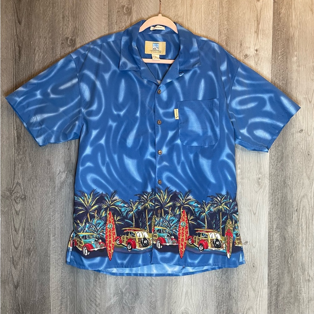Coconut Pier Hawaiian Shirt Men M Blue Surf Woody Cars Aloha Camp Short Sleeve